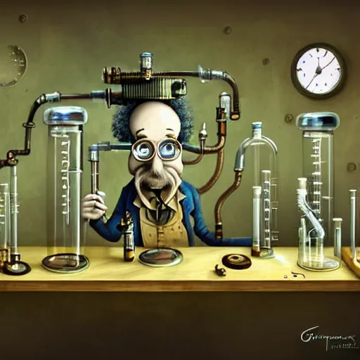 Image similar to steampunk mad scientist Funny cartoonish with test tubes at a science lab, einstein, old mad scientist, by Gediminas Pranckevicius H 704
