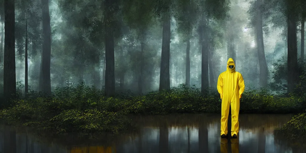 Prompt: a mysterious man in a yellow hazmat suit stands in a small lake with reflections in a detailed forest, painting, concept - art, rendering, octane, redshift, cinematic composition, volumetric lighting