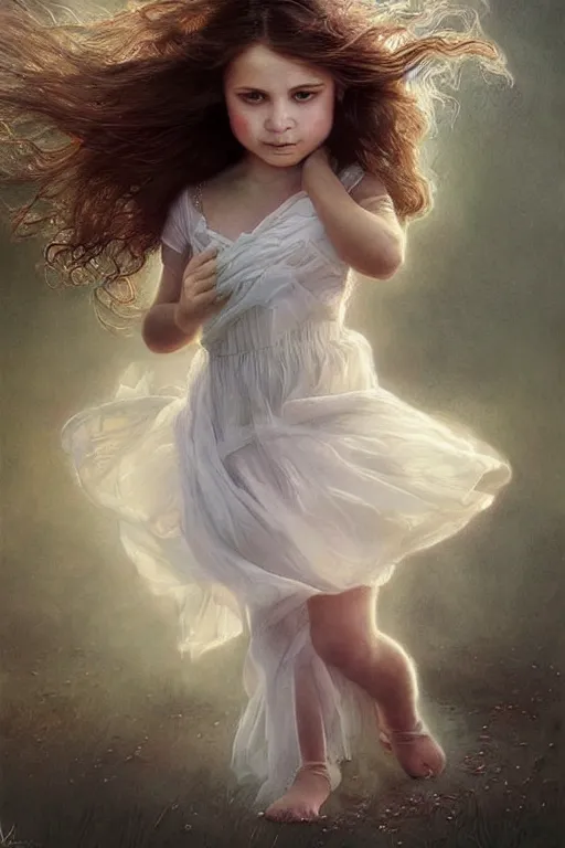 Image similar to very beautiful little girl dancing in the wind, beautiful face, ultradetailed, ethereal, flowers, beautiful wedding dress, gorgeous, volumetric lighting, elegant, digital painting, concept art, illustration, limited color palette, atmosphere and tension, art by greg olsen and liz lemon swindle