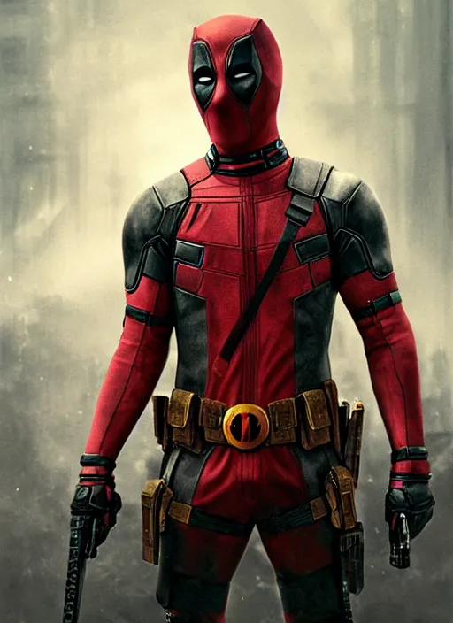 Image similar to Ryan Gosling as deadpool, handsome face, unmasked, no mask, dramatic action pose, gorgeous, portrait, Symmetrical, powerful, intricate, beautiful, masterpiece, elegant, volumetric lighting, highly detailed, artstation, sharp focus, no cropping, illustration, explosions in the background, Jean-Leon Gerome , ruan jia