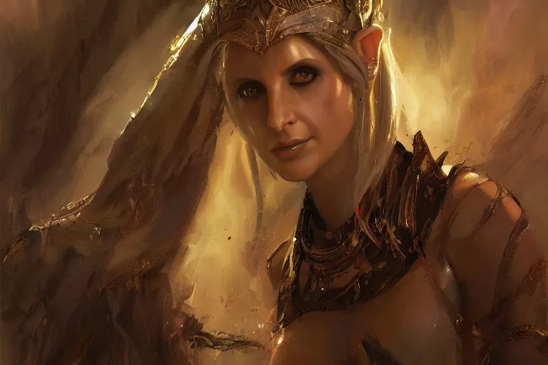 Image similar to A painting of Sarah Michelle Gellar as an elven queen by Craig Mullins, dramatic lighting, extremely high detail, trending on artstation