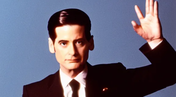 Prompt: agent dale cooper from twin peaks waving goodbye