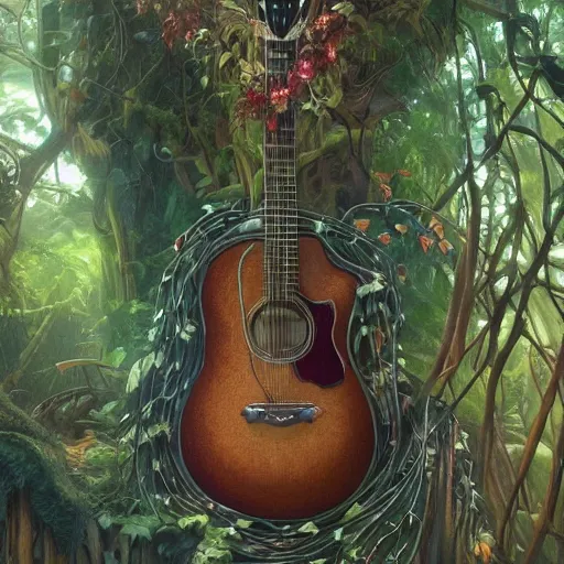 Image similar to A guitar hanging from vines, in the jungle, fantasy, intricate, elegant, highly detailed, digital painting, artstation, concept art, smooth, sharp focus, illustration, art by artgerm and greg rutkowski and alphonse mucha