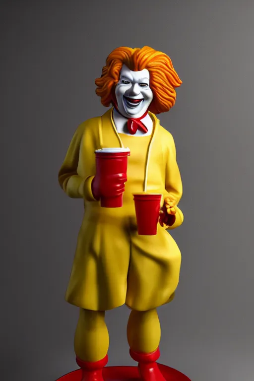 Prompt: A porcelain model of Ronald McDonald, sculpture, photograph, studio lighting, product photography, advertising photography, pottery, figurine, octane render