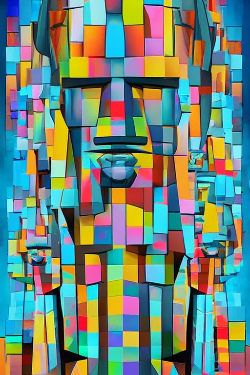 Image similar to cubist moai statue cutout digital illustration cartoon colorful beeple