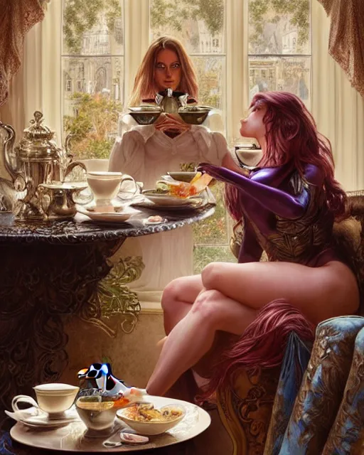 Image similar to Portrait of Jodie Marsh & a mallard & a pig having tea at the Ritz, real life skin, intricate, elegant, highly detailed, artstation, concept art, smooth, sharp focus, art by artgerm and greg rutkowski and alphonse mucha