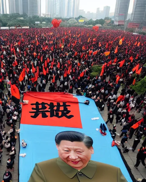 Prompt: tangping lying flat protest movement in china in front of a giant portrait of xi jinping