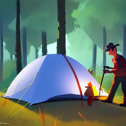 Prompt: goro fujita ilustration hiker setting up a tent in the forest, painting by goro fujita, sharp focus, highly detailed, artstation