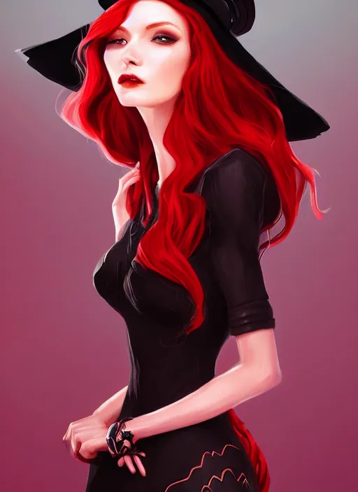 Image similar to a highly detailed illustration of tall beautiful red haired lady wearing black noir dress and black sun hat, elegant pose, perfect face, perfect body, perfect eyes, intricate, elegant, highly detailed, centered, digital painting, artstation, concept art, smooth, sharp focus, league of legends concept art, wlop.