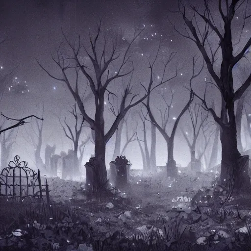 Image similar to an overgrown decrepit cemetery in the dark of night, moonlit, creepy, scary, ambient lighting, concept art