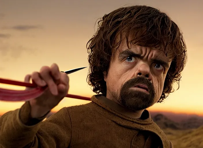 Image similar to peter dinklage knife fighting e. t. the extra - terrestrial, movie still, from the new toys r us movie, 8 k, realistic