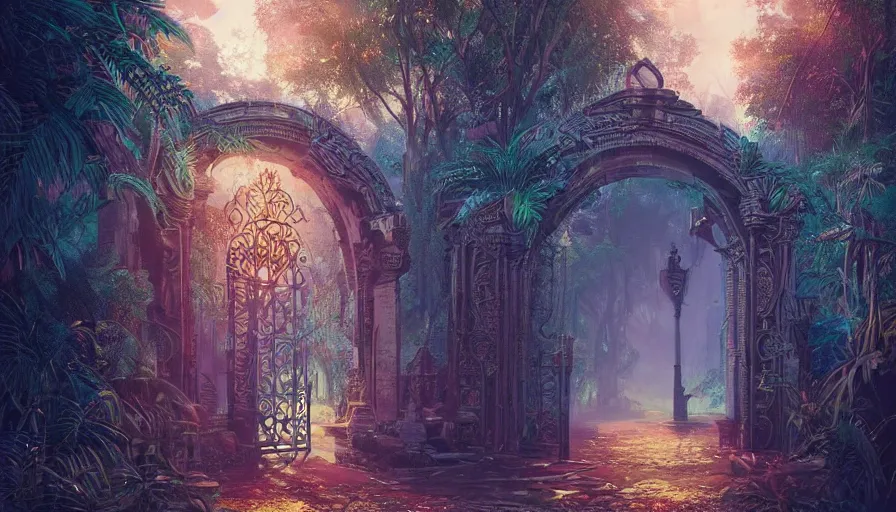 Prompt: a beautiful detailed architecture art of ancient ornamental mystical gate in the middle of tropical jungle by alena aenami, by greg rutkowski, hyper realistic, dynamic lighting, concept art, vibrant, detailed environment, grunge aesthetic, clean, sharp, trending on artstation