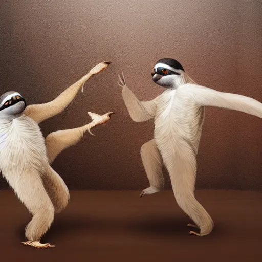 Image similar to sloth fighting a pigeon kung fu style s in a dojo, facing each other, aggressive sloth vs a muscled pigeon, best photo award, high quality 8 k, cinematic lighting, painting by kusama