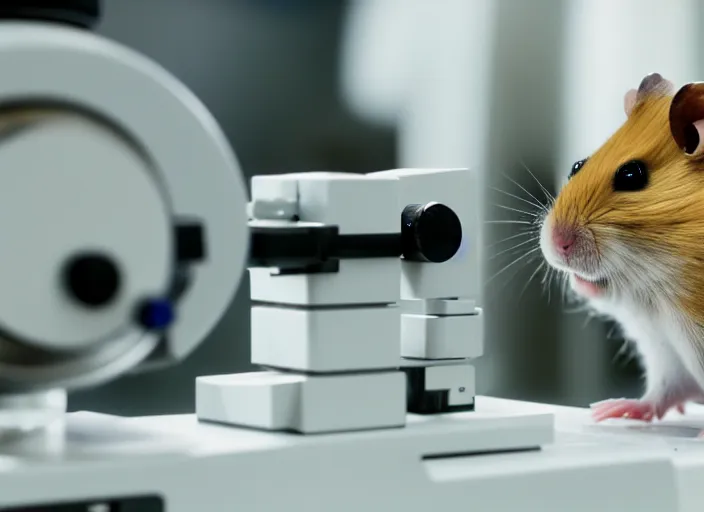 Image similar to film still of a hamster working in a research lab looking through a tiny microscope, 8 k