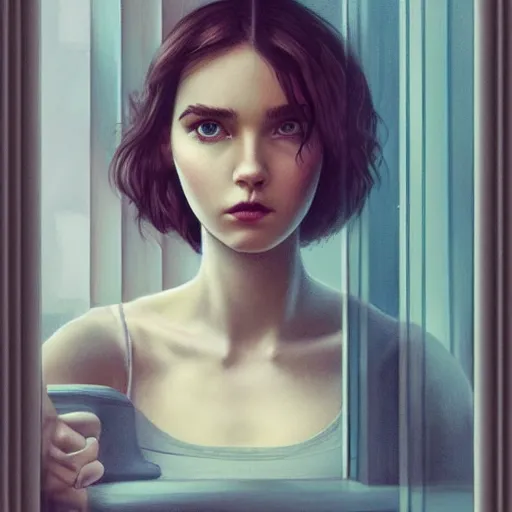 Image similar to Lofi portrait at a window, Pixar style by Stanley Artgerm and Tom Bagshaw and Tim Burton