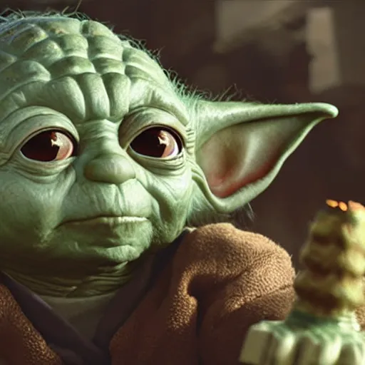 Image similar to yoda as pickle rick in gears of war, splash art, movie still, cinematic lighting, dramatic, octane render, long lens, shallow depth of field, bokeh, anamorphic lens flare, 8 k, hyper detailed, 3 5 mm film grain