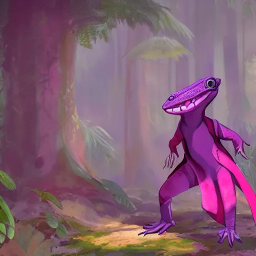 Image similar to concept art painting of an anthropomorphic lizard wearing magenta wizard robes, in the deep forest, realistic, detailed, cel shaded, in the style of makoto shinkai and greg rutkowski and james gurney