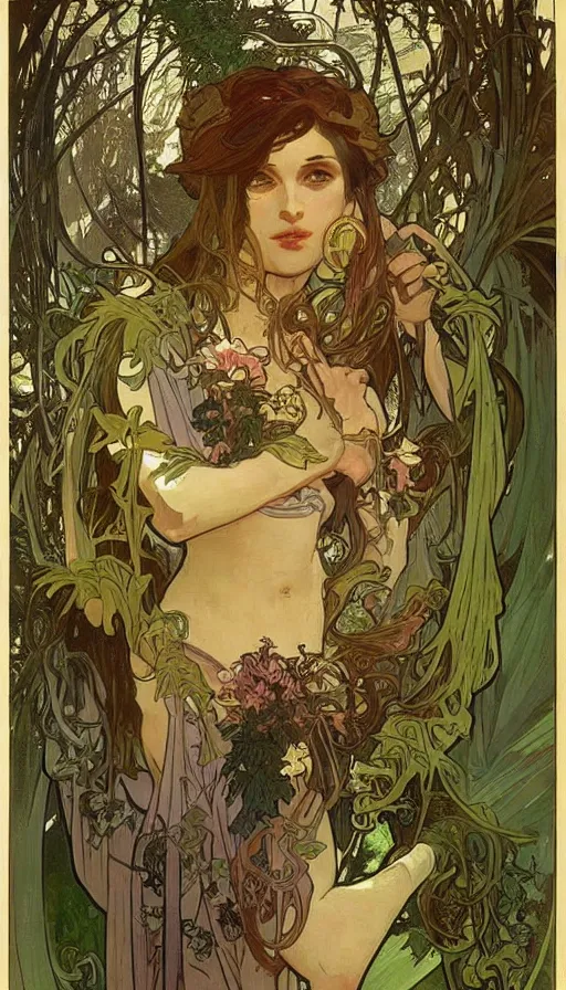 Image similar to concept art, lush forest, magic, gnarly details, gold, gems, dramatic lighting, denoised, painted by alphonse mucha