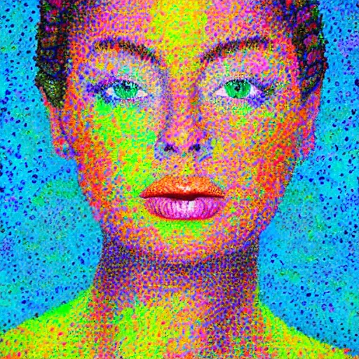 Prompt: a painting of a woman's face with many colors, a pointillism painting by Constance Gordon-Cumming, featured on dribble, generative art, impressionism, glitch art, oil on canvas
