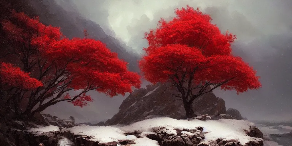 Image similar to A beautiful oil painting of a rocky valley covered in snow, trees with red leaves, thunderstorm in the sky, blue lighting, gloomy, atmospheric lighting, detailed, by greg rutkowski, trending on artstation