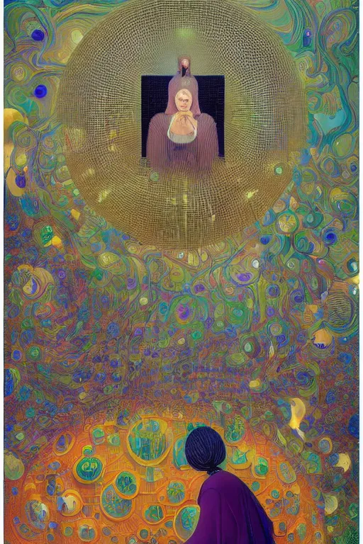 Image similar to portrait of an engineer woman programming the samsara holy cluster, fine portrait, concept art, stunning, visionary, hyper realistic, beautiful, digital painting, wow, by brecht evens, by jean delville, by francis bacon, by victo ngai