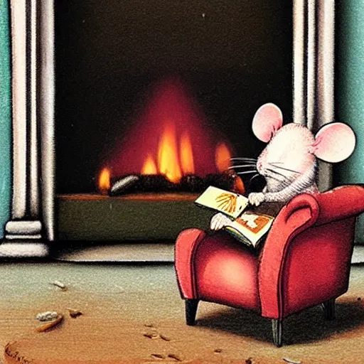 Prompt: an old mouse reading a book in a chair next to a fireplace