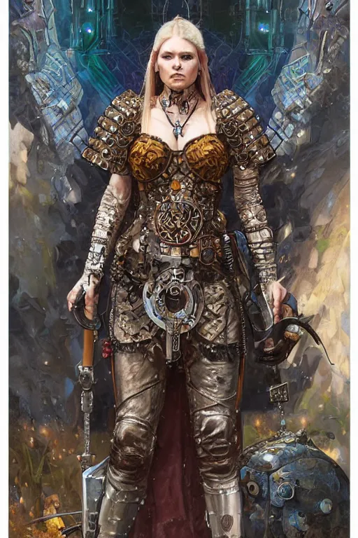Prompt: portrait of a cyberpunk viking woman wearing a warrior armor, fantasy, regal, fractal crystal, fractal gems, by stanley artgerm lau, greg rutkowski, thomas kindkade, alphonse mucha, loish, norman rockwell.