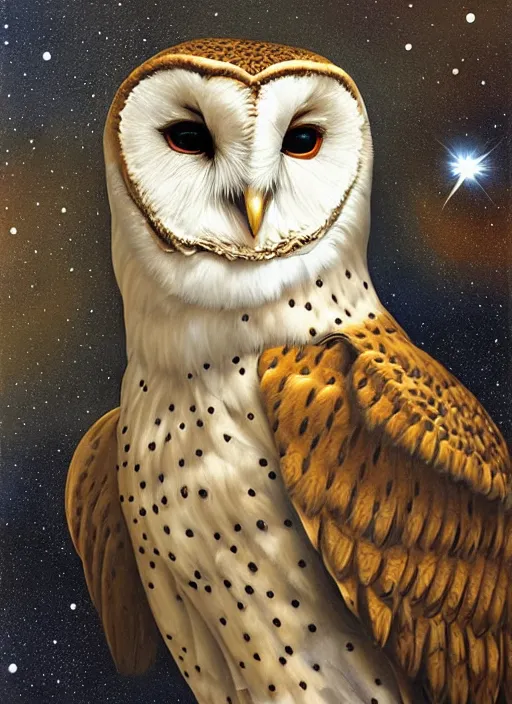 Prompt: close-up portrait of anthropomorphic barn owl, space, stars, dreamy, romantic, painting in the museum, highly detailed, sharp focus, digital painting, artwork, by Victor Adame Minguez by Yuumei by Tom Lovell by Sandro Botticelli