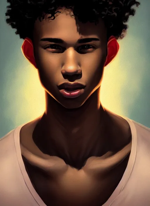 Image similar to portrait of chuck clayton, lightskin black teenage boy, very short curly hair, very short hair, short hair, strong jawline, square jaw, slight smile, reading archie comic, intricate, elegant, glowing lights, highly detailed, digital painting, artstation, concept art, smooth, sharp focus, illustration, art by wlop, mars ravelo and greg rutkowski