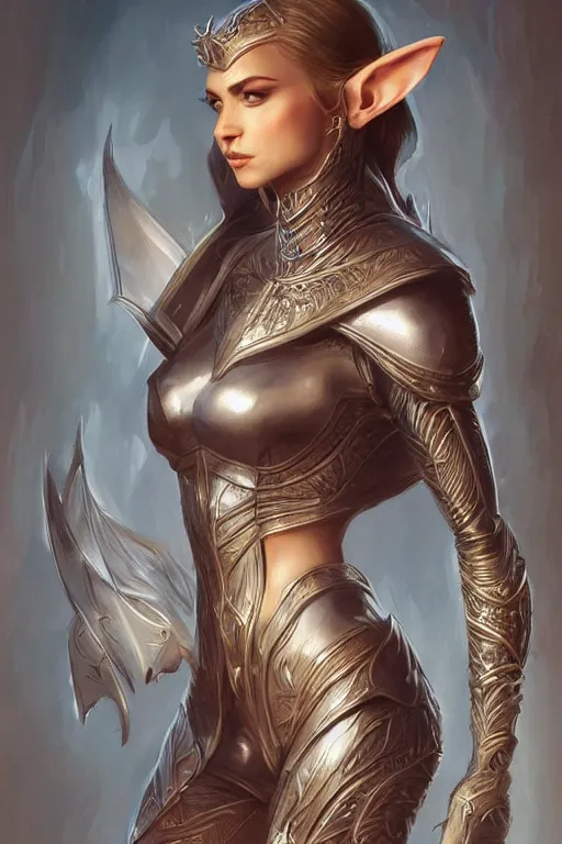 Prompt: three-quarters portrait pose of a beautiful woman, slim body, shining armor, elf warrior, fantasy, intricate, elegant, highly detailed, digital painting, artstation, concept art, matte, sharp focus,D&D, illustration, art by Artgerm and Peter Andrew Jones