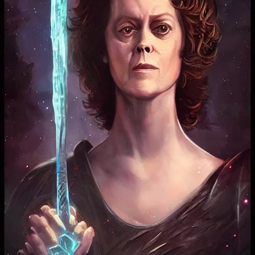 Image similar to young sigourney weaver as a d & d ice warlock, character portrait by wlop