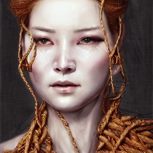 Image similar to portrait of a Shibari rope wrapped face and neck, headshot, insanely nice professional hair style, dramatic hair color, digital painting, of a old 13th century, traveler, amber jewels, baroque, ornate clothing, scifi, realistic, hyperdetailed, chiaroscuro, concept art, art by Franz Hals and Jon Foster and Ayami Kojima and Amano and Karol Bak,