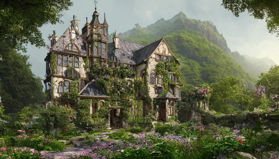 Prompt: Realistic image of a small Neo-Gothic manor covered by flowers in a middle of green mountains with waterfalls in the background, hyperdetailed, artstation, cgsociety, 8k