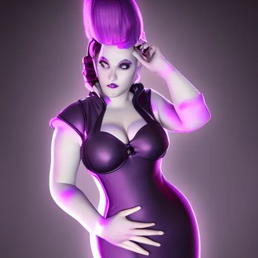 Image similar to curvy feminine hot goth cutie with sublime elegant purple-grey leather dress, checkered, cgsociety, photorealistic, seductive ambience, idealistic, 16k, smooth, sharp focus, trending on ArtStation, volumetric lighting, fully clothed, worksafe