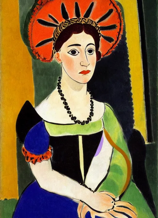 Image similar to portrait of young woman in renaissance dress and renaissance headdress, art by henri matisse