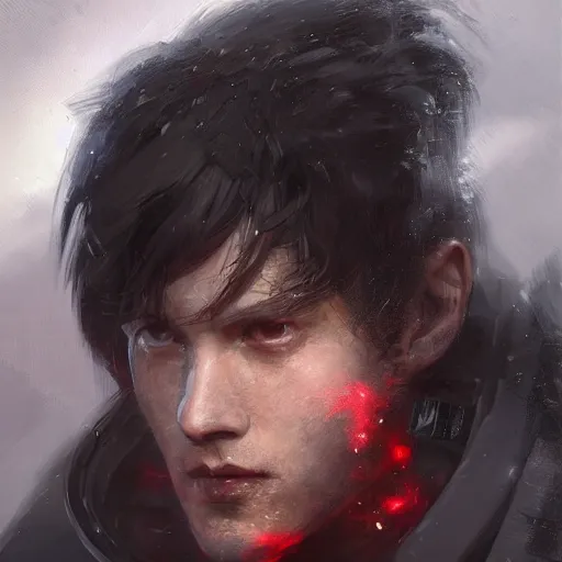 Image similar to portrait of a man by greg rutkowski, mixture between russian and japanese, black messy hair, star wars expanded universe, he is about 2 0 years old, wearing red tactical gear of the galactic triunvirate, highly detailed portrait, digital painting, artstation, concept art, smooth, sharp foccus ilustration, artstation hq