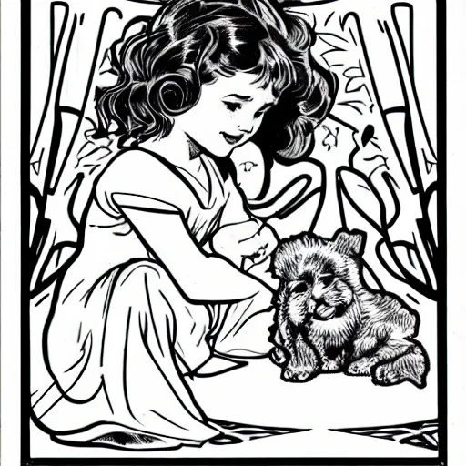 Image similar to clean simple line art of a little girl with wavy curly hair sitting next to a cute puppy. white background. well composed, clean black and white line drawing, beautiful detailed face. illustration by steve ditko and jack kirby and alphonse mucha