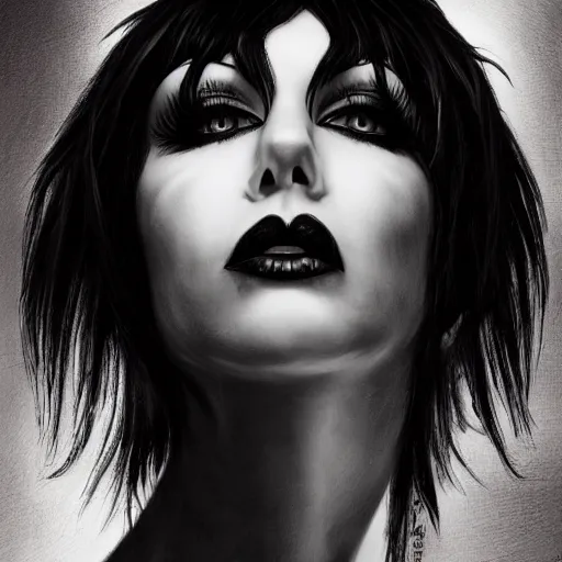 Image similar to portrait of Joan Jett as the Goddess of all Goths, detailed, 8k, cinematic, beautiful art portrait, dark fantasy atmosphere, hyper realism, photorealistic