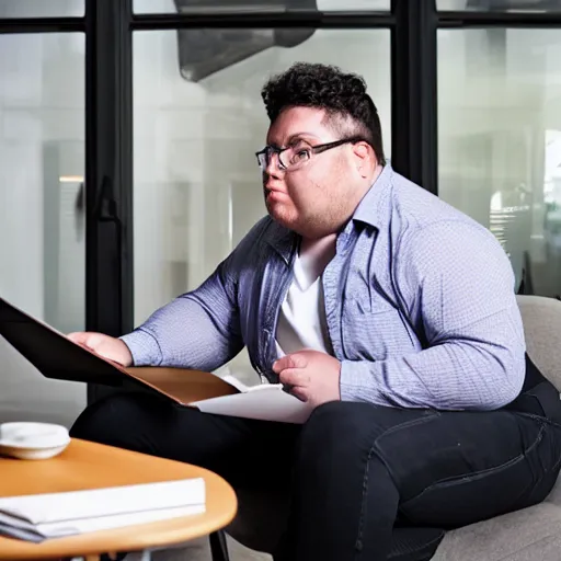 Image similar to a young man called richard being slightly obese sitting in front of hos lenovo thinkpad laptop and talking to himself