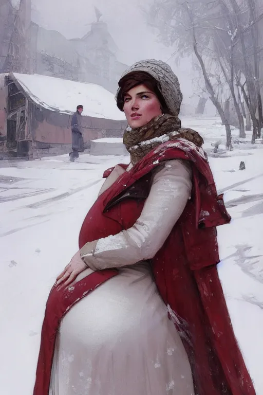 Prompt: portrait of a pregnant woman lies in the snow in the besieged Leningrad in winter, digital painting, artstation, concept art, smooth, sharp focus, illustration, art by artgerm and greg rutkowski and alphonse mucha