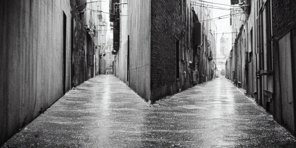 Prompt: analog photograph of an alley in a futuristic city seen from directly above, high perspective, greyscale, film grain, rainfall, bokeh, lensflare, depth of field