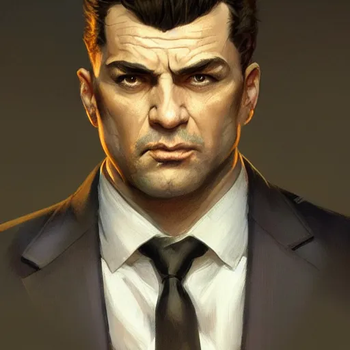 Image similar to mob boss, headshot, painted character portrait, highly detailed, digital painting, artstation, concept art, sharp focus, illustration, art by artgerm and greg rutkowski and alphonse mucha