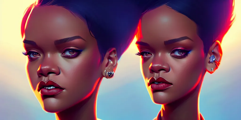 Prompt: low angle portrait of Rihanna, tepainting concept Blizzard pixar maya engine on stylized background splash comics global illumination lighting artstation lois van baarle, ilya kuvshinov, rossdraws