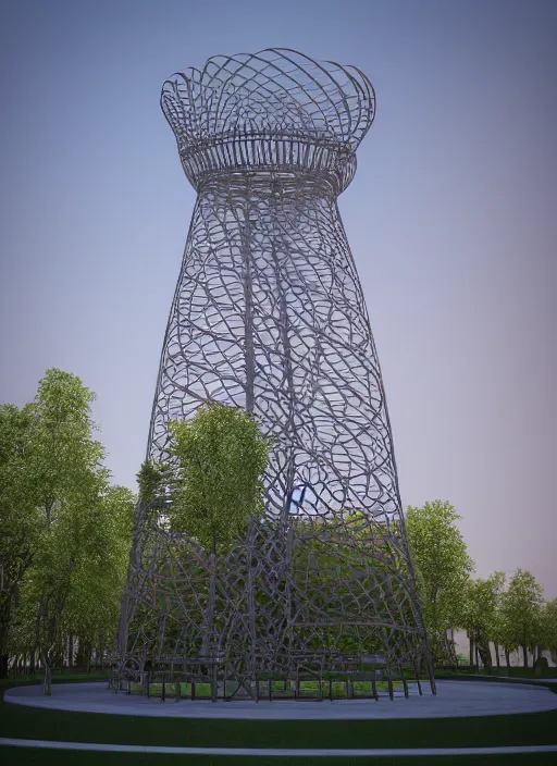 Image similar to highly detailed realistic architecture 3 d render of a spiral stele shukhov tower standing in a city park, archdaily, made in unreal engine 4 octane render