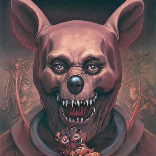 Image similar to A Satanic Evil Winnie The Pooh, psychedelic art, demonic, fullbody, artstation, dark fantasy, concept art, horror, evil, smooth, sharp focus, illustration, art by greg rutkowski and orientalism and bouguereau and Zdzislaw Beksinski, good clear quality, lighting, biology, symmetrical artwork, perfect face, 135 mm, cinematic, hyper realism, high detail, octane render, 8k, chrome accents