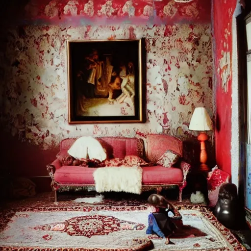 Image similar to Full view of a large very dark kitsch filled parlor that is dimly lit by a morning sunbeam coming through a window, dust floats in the air, plain walls have slightly cracked with time, a single photo with a broken frame hangs crooked on the wall, a small tattered Persian rug with muted colors is on the floor, a child\'s dull red but dusty four-wheeled wagon is in the corner of the room motionless, a ceiling fan with an old draw cord is off, cinematic, vignette, ultrarealistic, super high resolution, photograph, still, serene, low energy, 4K, lighting study