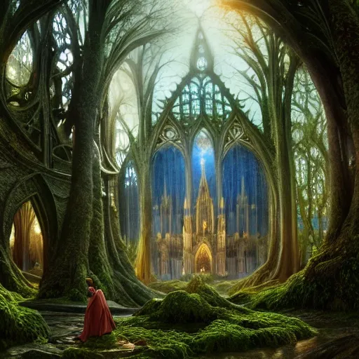 Image similar to a beautiful and highly detailed matte painting of a beautiful cathedral in a magical fantasy forest, otherworldly trees and plants and flowers, celtic vegetation, epic scale, insanely complex, hyperdetailed, sharp focus, hyperrealism, artstation, cgsociety, 8 k, bright colors, by caspar friedrich, albert bierstadt, james gurney, brian froud,