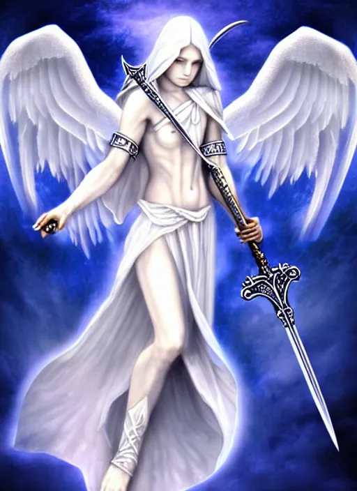 Image similar to a white angel holding a sword and a sword, digital art by Anne Stokes, deviantart, fantasy art, angelic photograph, wiccan, deviantart