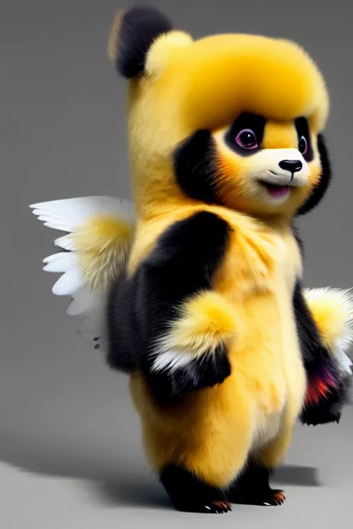 Image similar to high quality 3 d render hyperrealist very cute multicolor stripped fluffy! panda phoenix hybrid with wings!!!, highly detailed, vray smooth, in the style of detective pikachu, hannah yata charlie immer, dramatic blue light, low angle, uhd 8 k, sharp focus