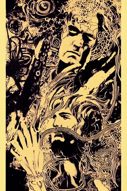 Prompt: an awesome guido crepax masterpiece of timothy leary in the style of a renaissance masters portrait, tibetan book of the dead imagery, new - age symbolism, mysticism, intricately detailed, 4 k, cgsociety